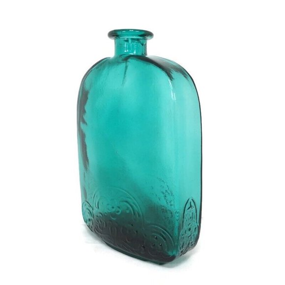 Vintage Vidrios de Levante Hand Blown Teal Glass Flask Bottle Filigree - Picture 5 of 8